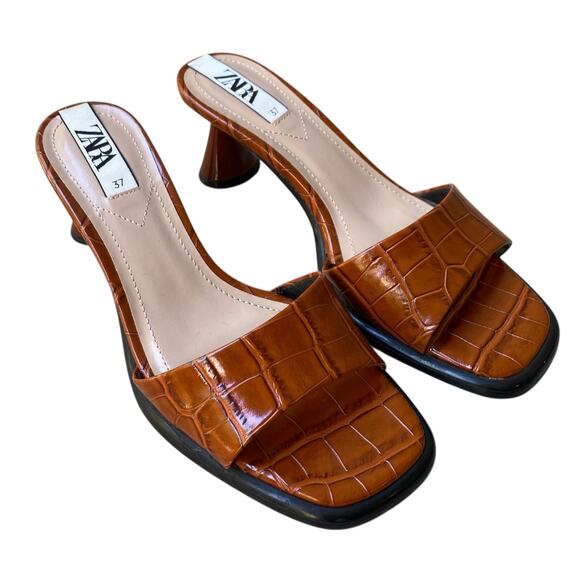 Zara Faux Croc Embossed Mule Sandals EU 37 US 7 Brown Kitten Heel Trendy Y2K - Picture 6 of 13